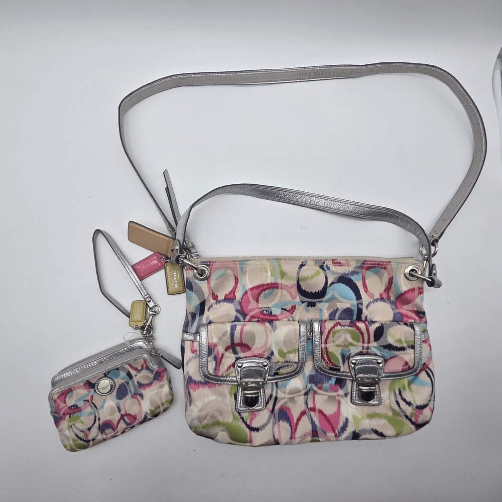 Y2K COACH Poppy Ikat Hippie Shoulder Bag Crossbody Canvas Scattered W/ Wristlet